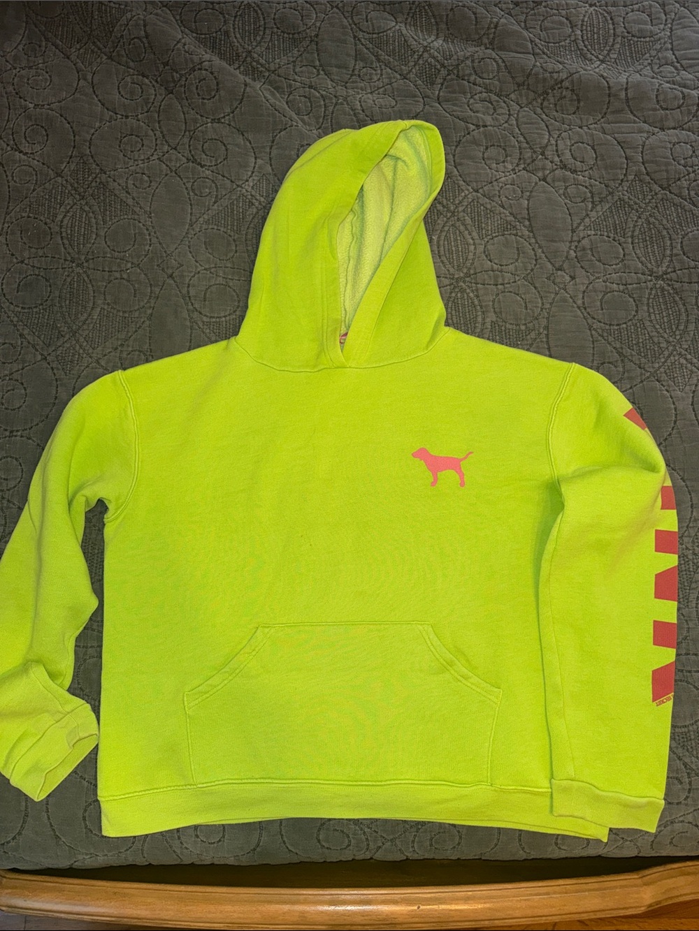 Vintage PINK Victoria's Secret Neon Green Hoodie with Pink Dog Logo size medium